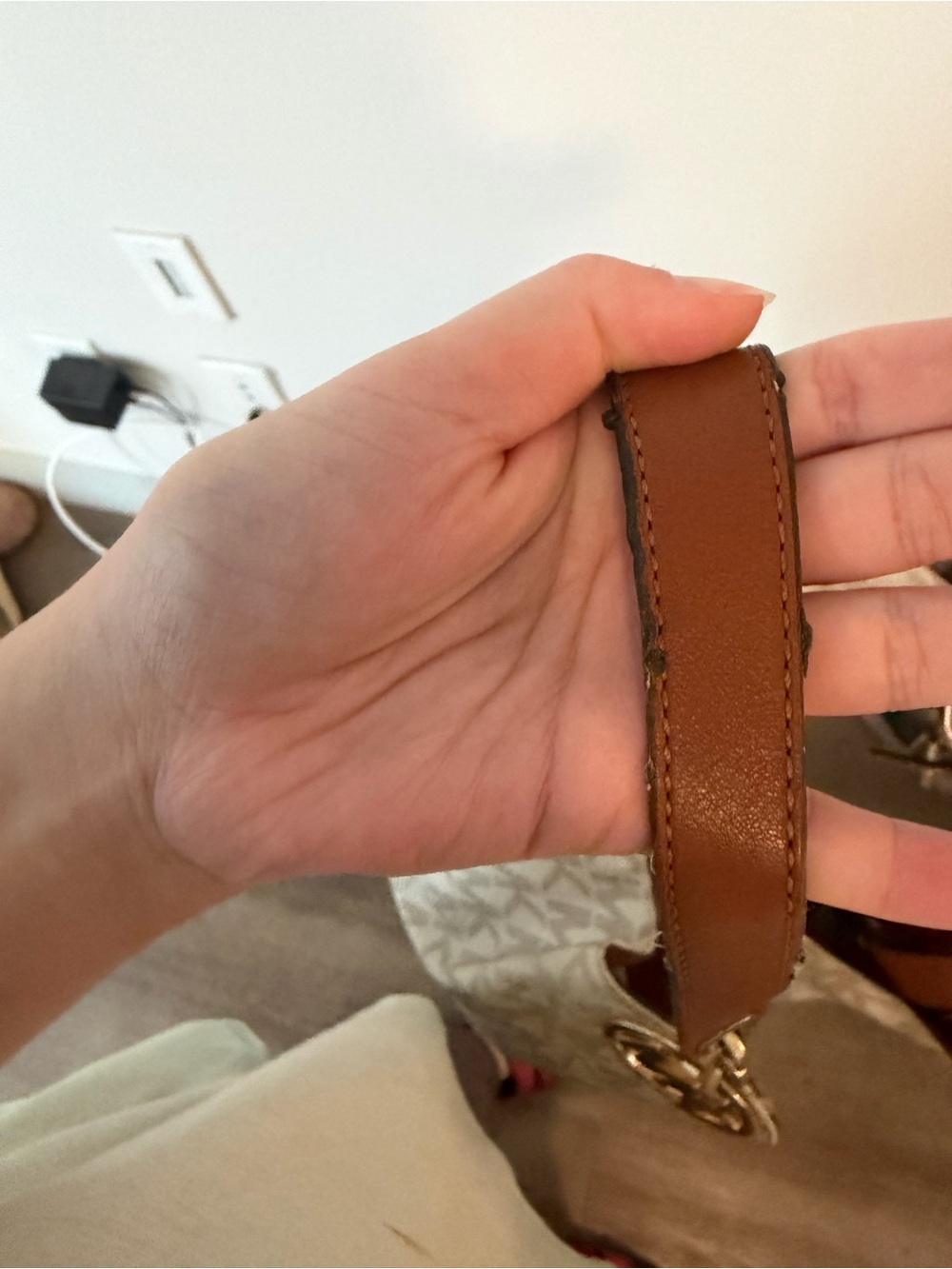 Michael Kors Tan Beige MK Monogram Shoulder Bag with Gold Accent - Picture 3 of 3
